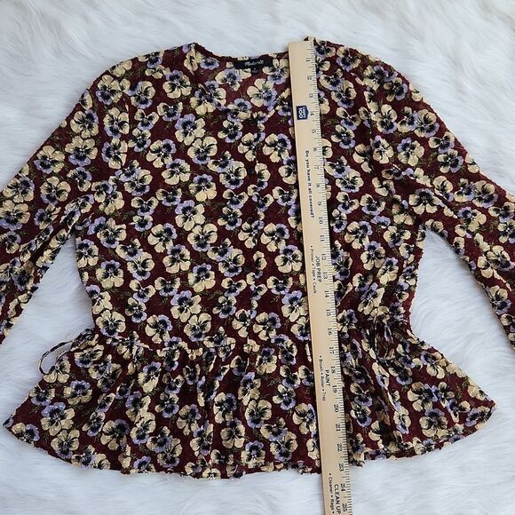 Madewell -565 Drawstring Ruffle-Hem Top Blouse in Viola Floral Burgundy Medium - Picture 8 of 10